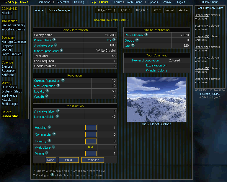 Colony management detail